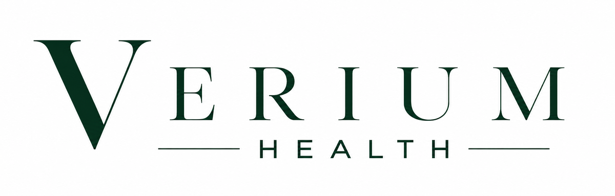 The logo for Verium Health, featuring the word 'VERIUM' in a dark green serif font with 'HEALTH' in a smaller sans-serif font underneath, flanked by thin horizontal lines, all on a plain white background.